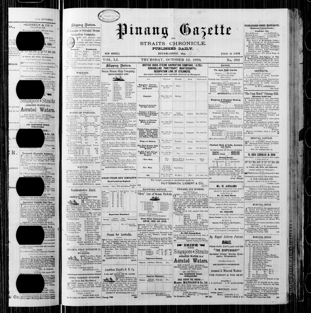 Miniature of Pinang Gazette and Straits Chronicle 12 October 1893