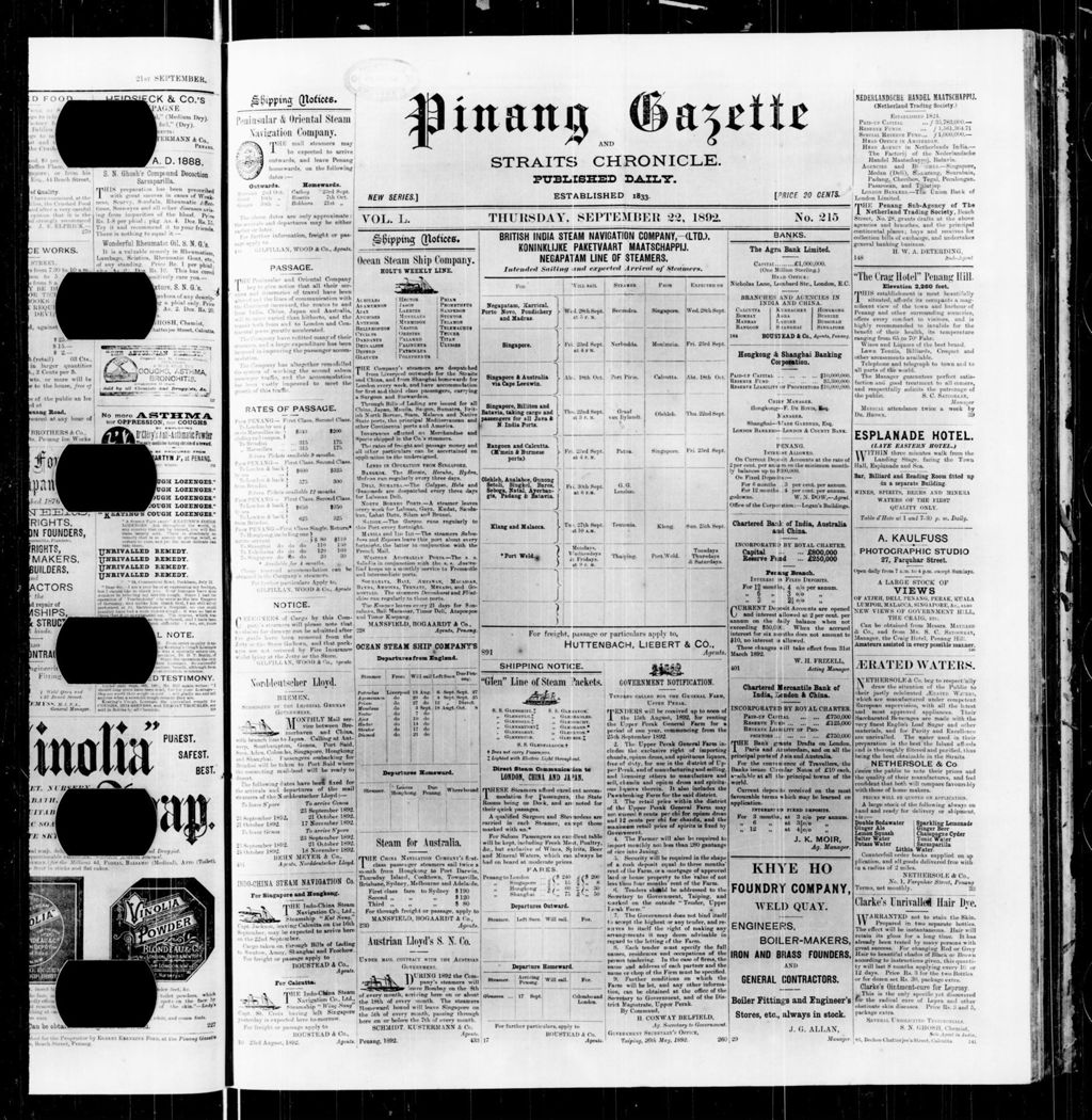 Miniature of Pinang Gazette and Straits Chronicle 22 September 1892