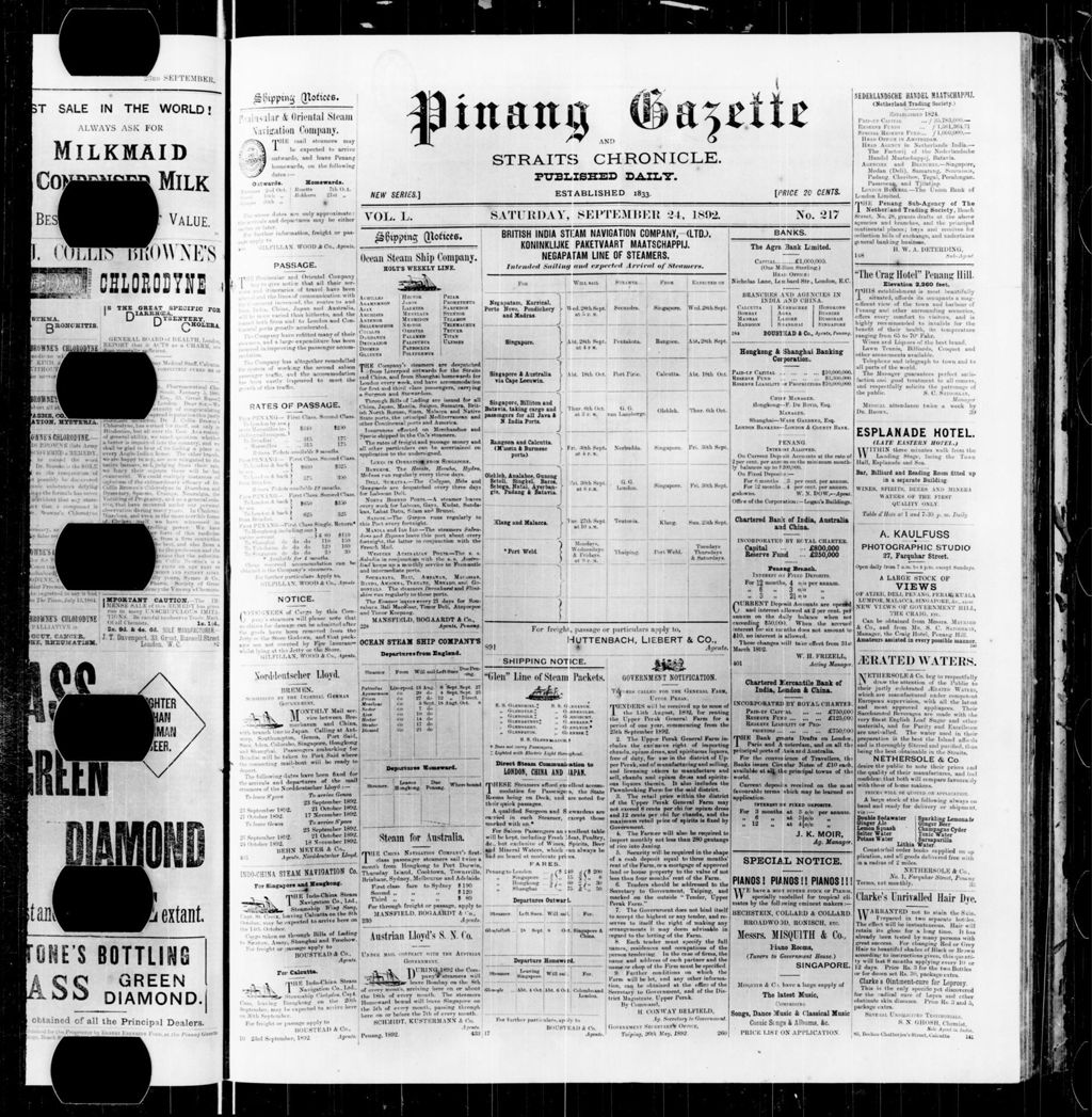 Miniature of Pinang Gazette and Straits Chronicle 24 September 1892