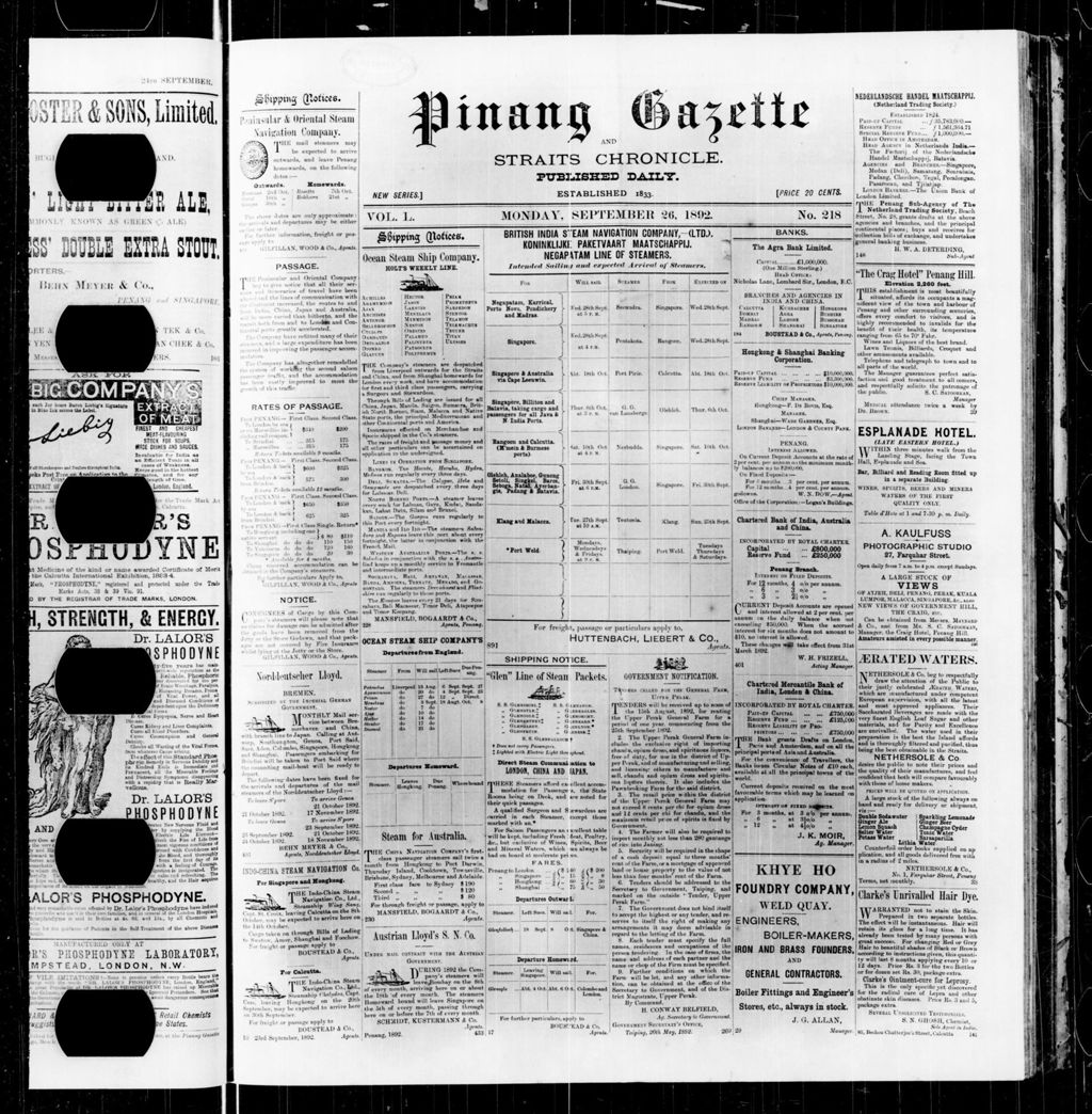 Miniature of Pinang Gazette and Straits Chronicle 26 September 1892