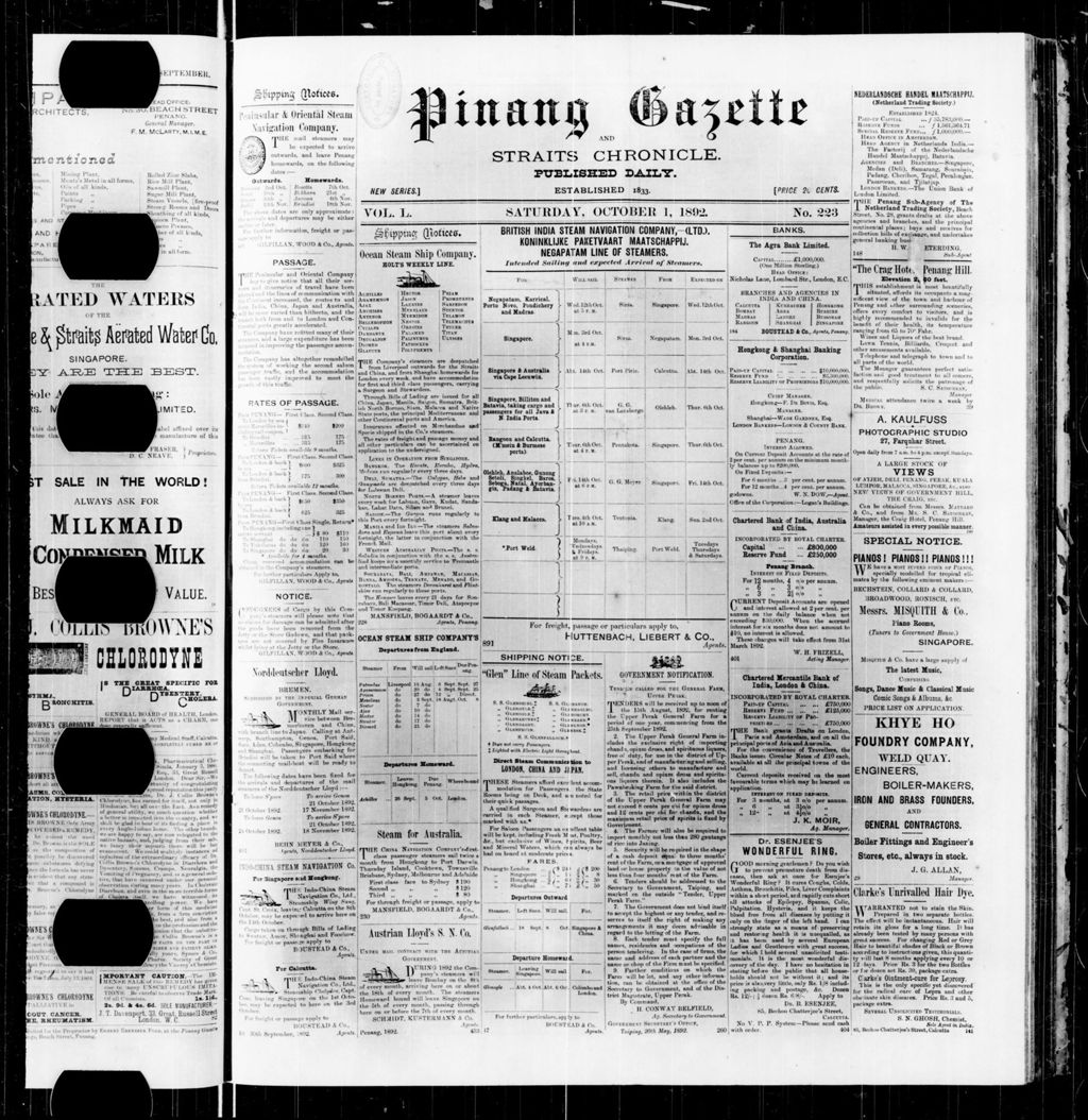 Miniature of Pinang Gazette and Straits Chronicle 01 October 1892