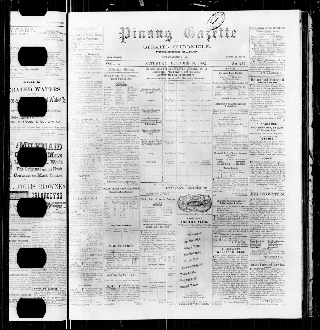 Miniature of Pinang Gazette and Straits Chronicle 15 October 1892