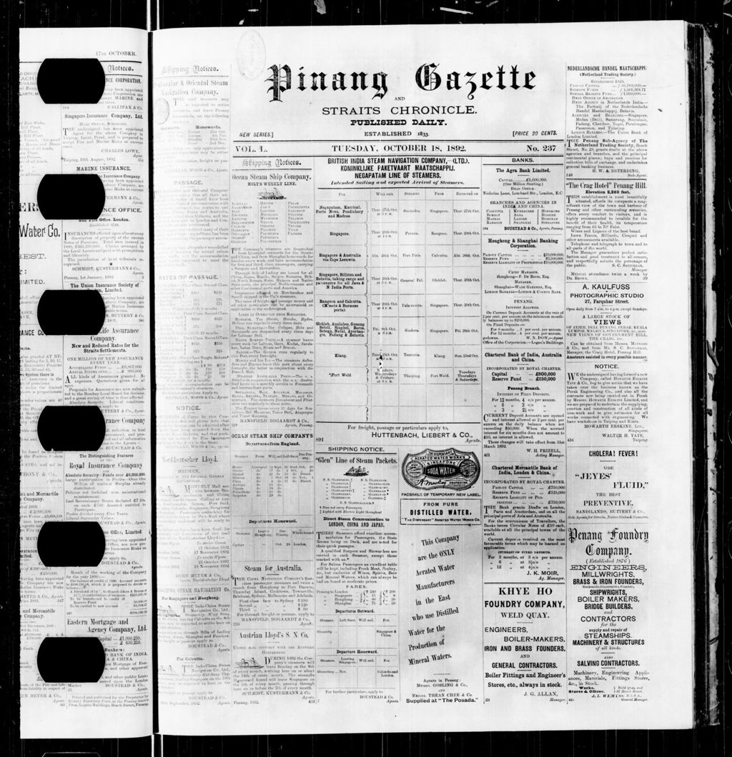 Miniature of Pinang Gazette and Straits Chronicle 18 October 1892