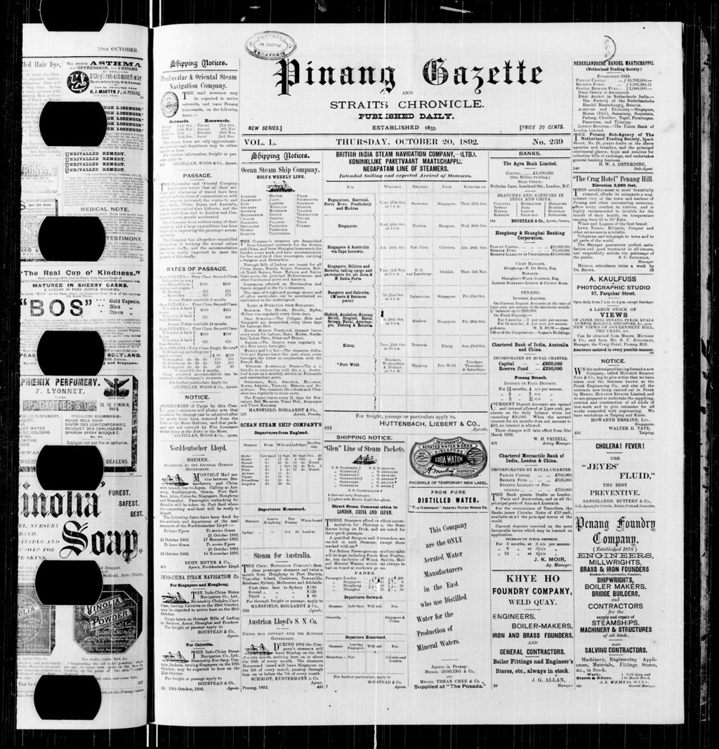 Miniature of Pinang Gazette and Straits Chronicle 20 October 1892