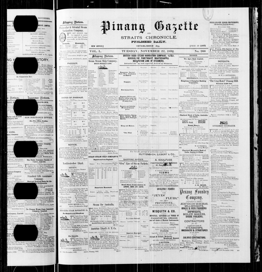 Miniature of Pinang Gazette and Straits Chronicle 22 November 1892