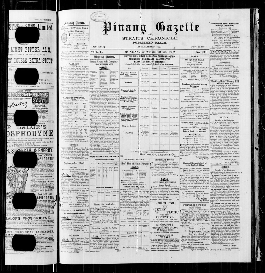 Miniature of Pinang Gazette and Straits Chronicle 28 November 1892