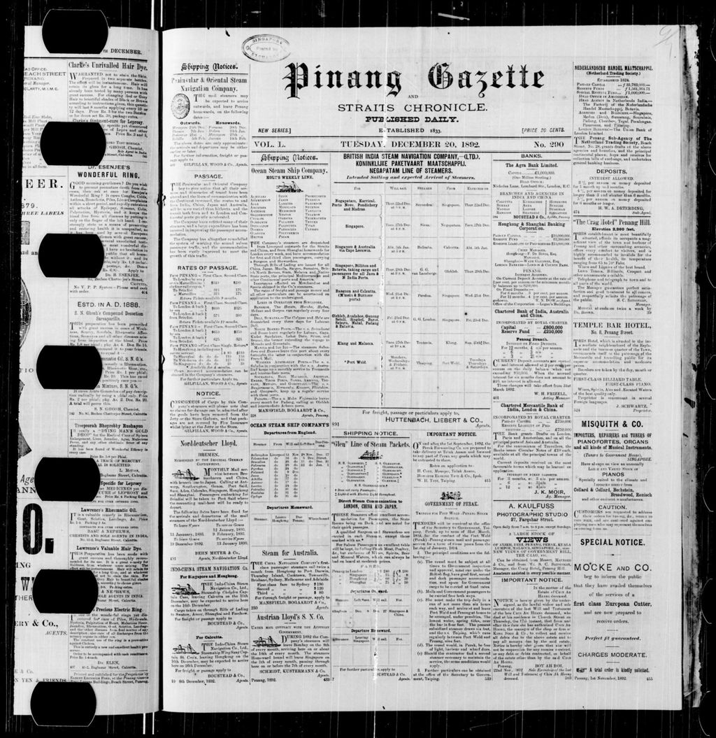 Miniature of Pinang Gazette and Straits Chronicle 20 December 1892