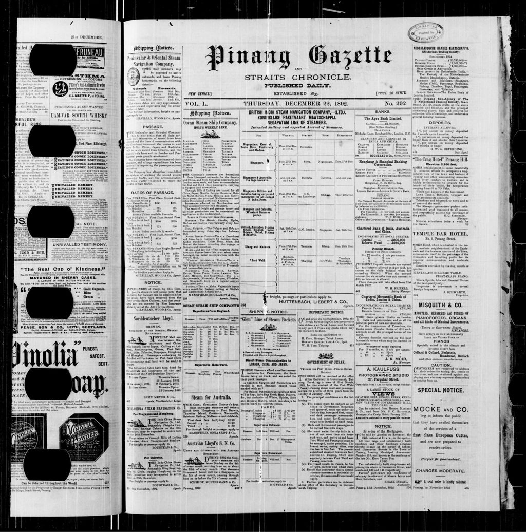 Miniature of Pinang Gazette and Straits Chronicle 22 December 1892