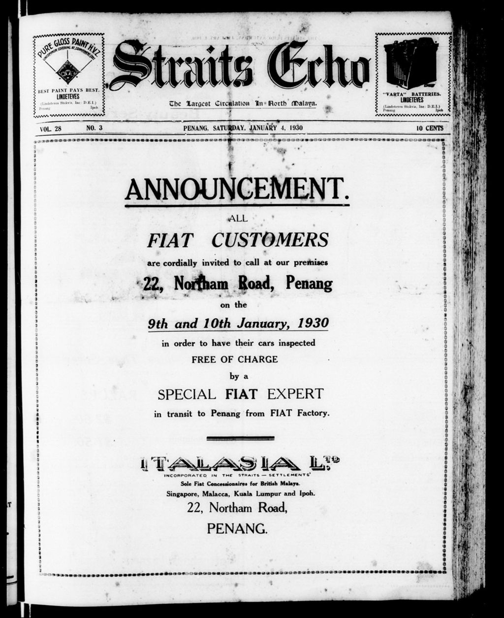 Miniature of Straits Echo 04 January 1930