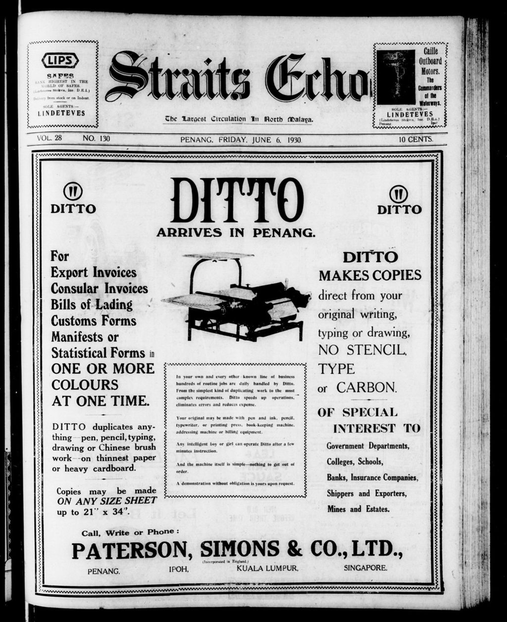 Miniature of Straits Echo 06 June 1930