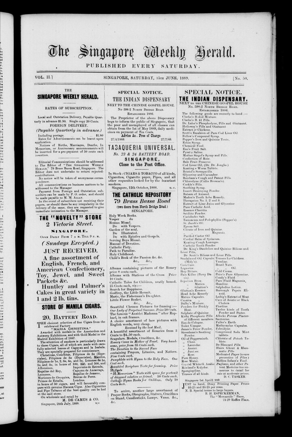 Miniature of Singapore Weekly Herald 15 June 1889