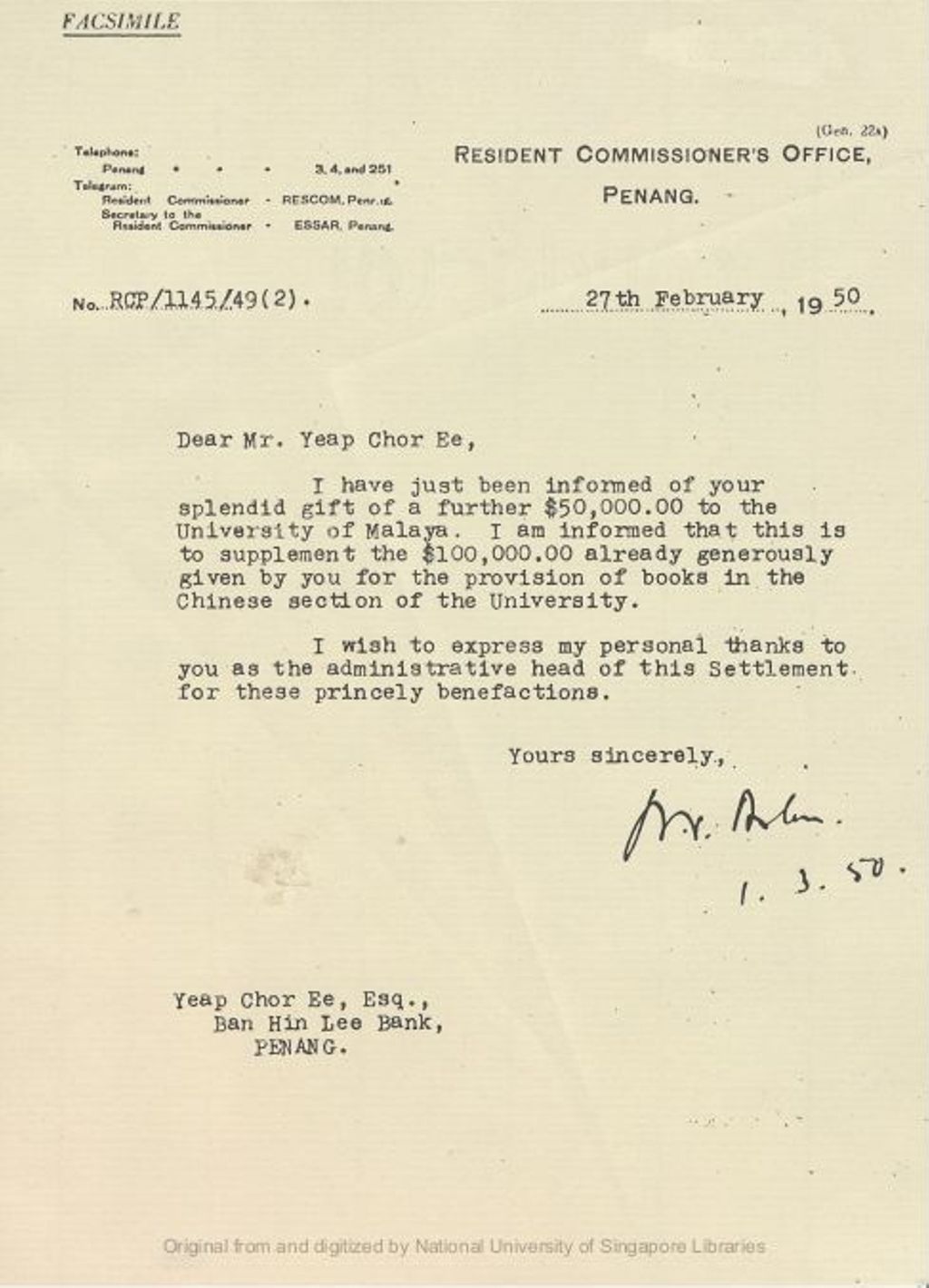 Miniature of Letter from Arthur Vincent Aston, Resident Commissioner's Office, Penang to Yeap Chor Ee on 27 February 1950, thanking him for his further donation of $50,000 to the University of Malaya