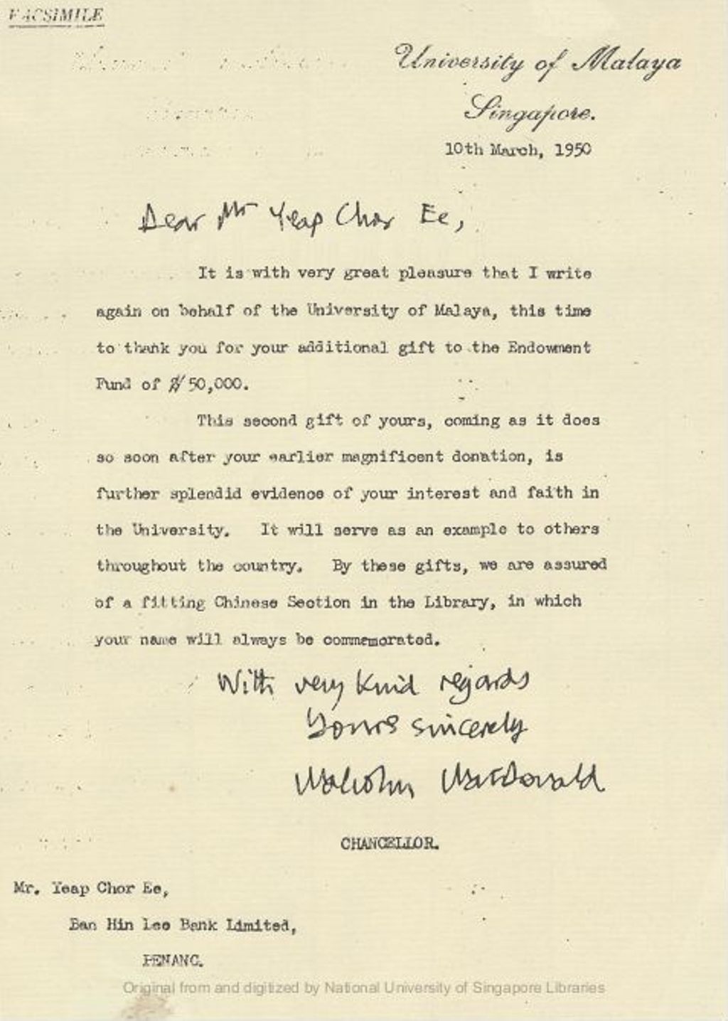 Miniature of Letter from Malcolm Macdonald, Chancellor, University of Malaya, Singapore to Yeap Chor Ee, on 10 March 1950, thanking him for his additional gift to the University of Malaya Endowment Fund of $50,000