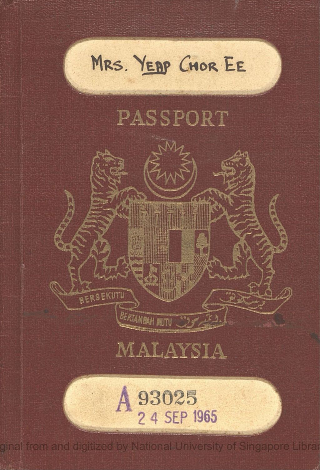 Miniature of Malaysian passport of Mrs Yeap Chor Ee (Lee Cheng Kin 李清根), issued on 24 September 1965