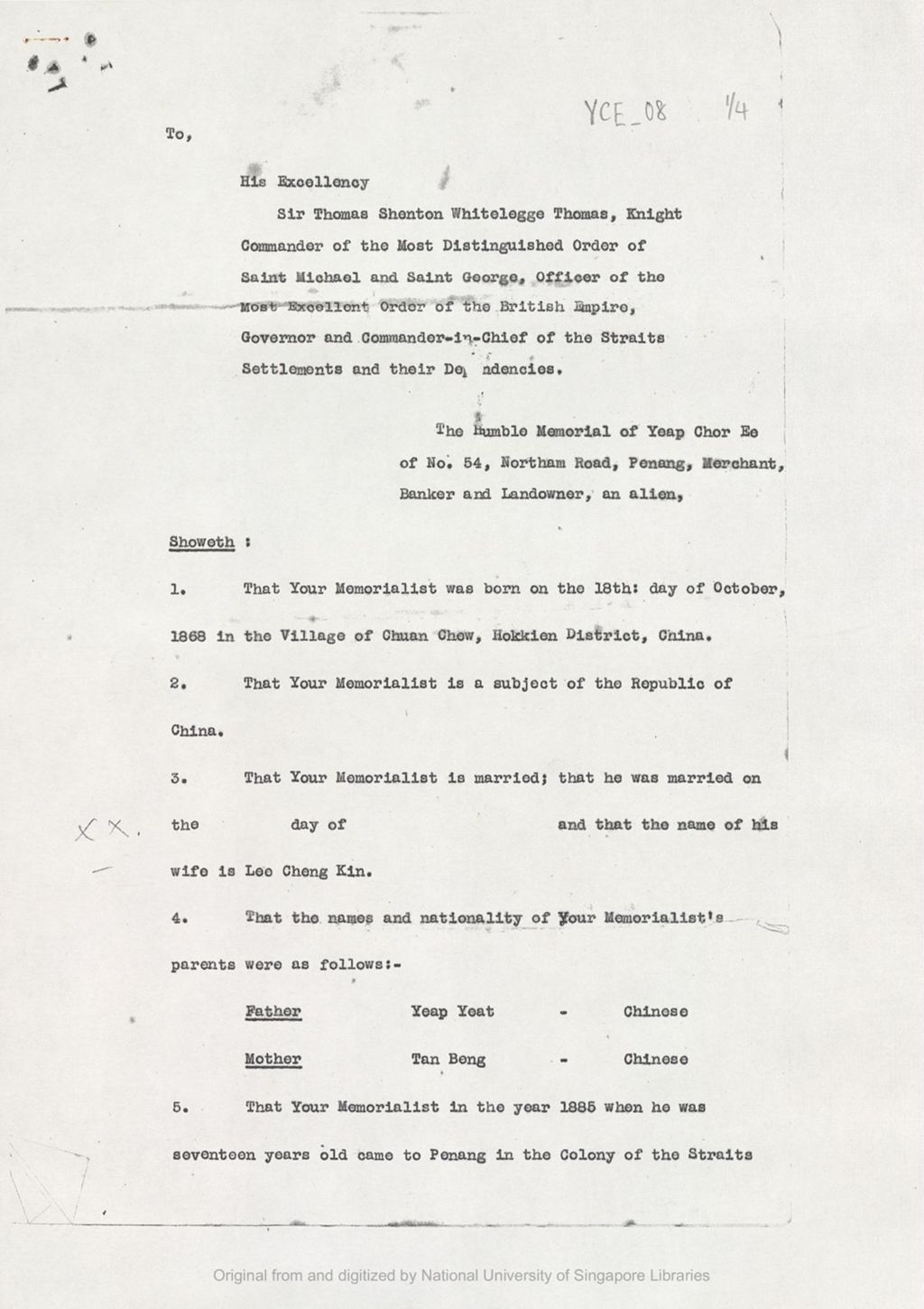 Miniature of Application of Yeap Chor Ee for a Certificate of Naturalisation in pursuance of the British Naturalisation and Status of Aliens Act 1914 and 1918, dated November 1935