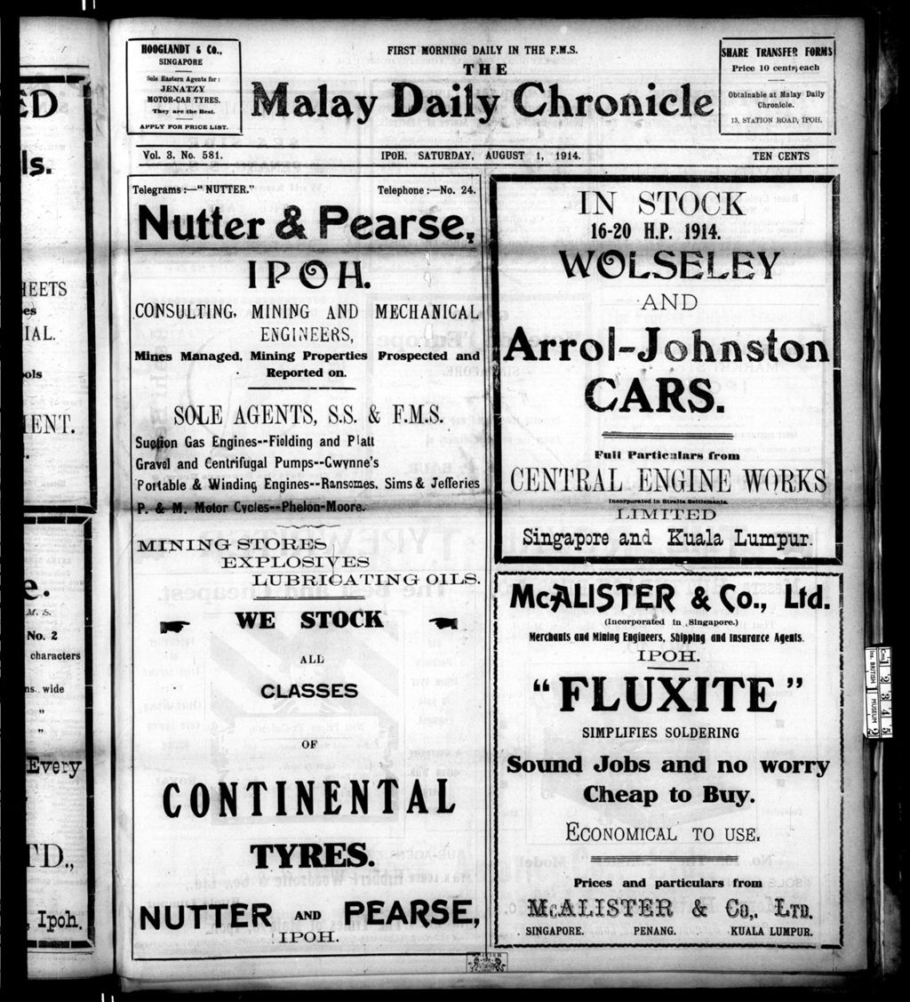 Miniature of Malay Daily Chronicle 01 August 1914