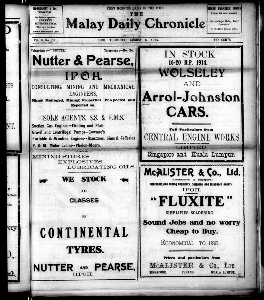 Miniature of Malay Daily Chronicle 06 August 1914