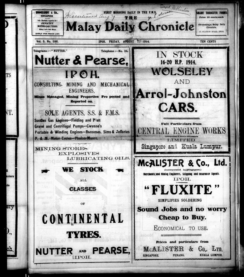 Miniature of Malay Daily Chronicle 07 August 1914